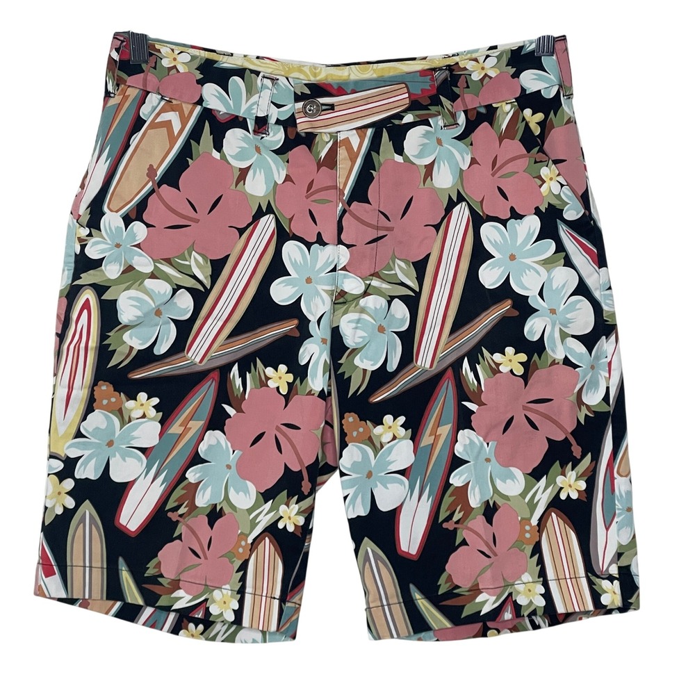 Loudmouth Mens Size 32 Surfboard Hibiscus Floral Tropical Flat Front Shorts Navy
